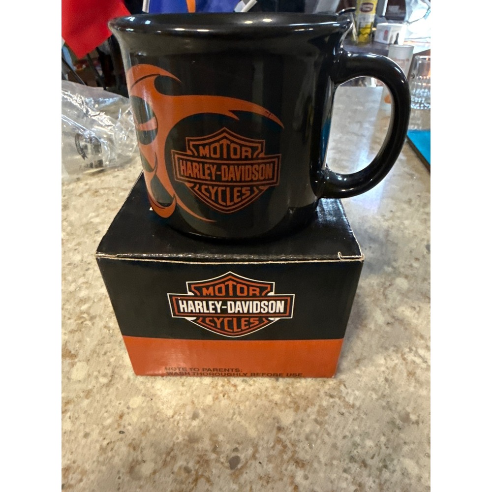 Harley-Davidson Coffee Mug Black Orange Bar & Shield Logo 2004 AGC B40365 New